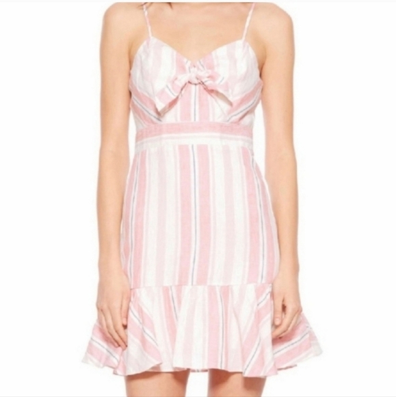 Parker Dany Candy Stripe Bow Tied Ruffled Linen Halter Sundress Pink sz 4 - Picture 1 of 8